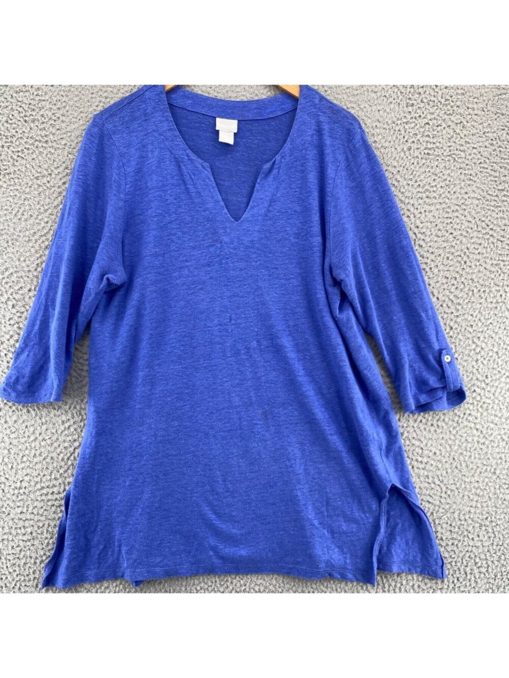 Chicos Top Womens 1 US Medium Blue Notch Neck Linen Tunic 3/4 Sleeves Stretch